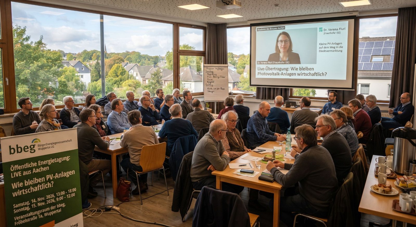 Veranstaltungsraum der bbeg: Zuschauer vor der Leinwand mit der Live-Übertragung aus Aachen, vorne ein Aufsteller mit den Veranstaltungsdaten